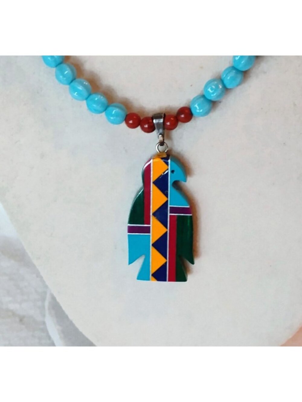 Inlay Thunderbird Fetish Pendant Necklace Turquoise Melon Beads & Blood Jasper - Picture 3 of 9